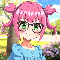 A cute anime girl with vibrant pink hair styled in adorable pigtails (chiquinhas), wearing fashionable glasses