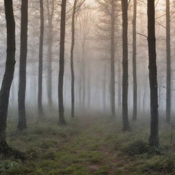 Design a captivating and atmospheric book cover featuring a misty forest at dawn. Natural elements like dew-dropped spiderwebs, a rising sun, and subtle animal shapes hidden in the mist add intrigue.