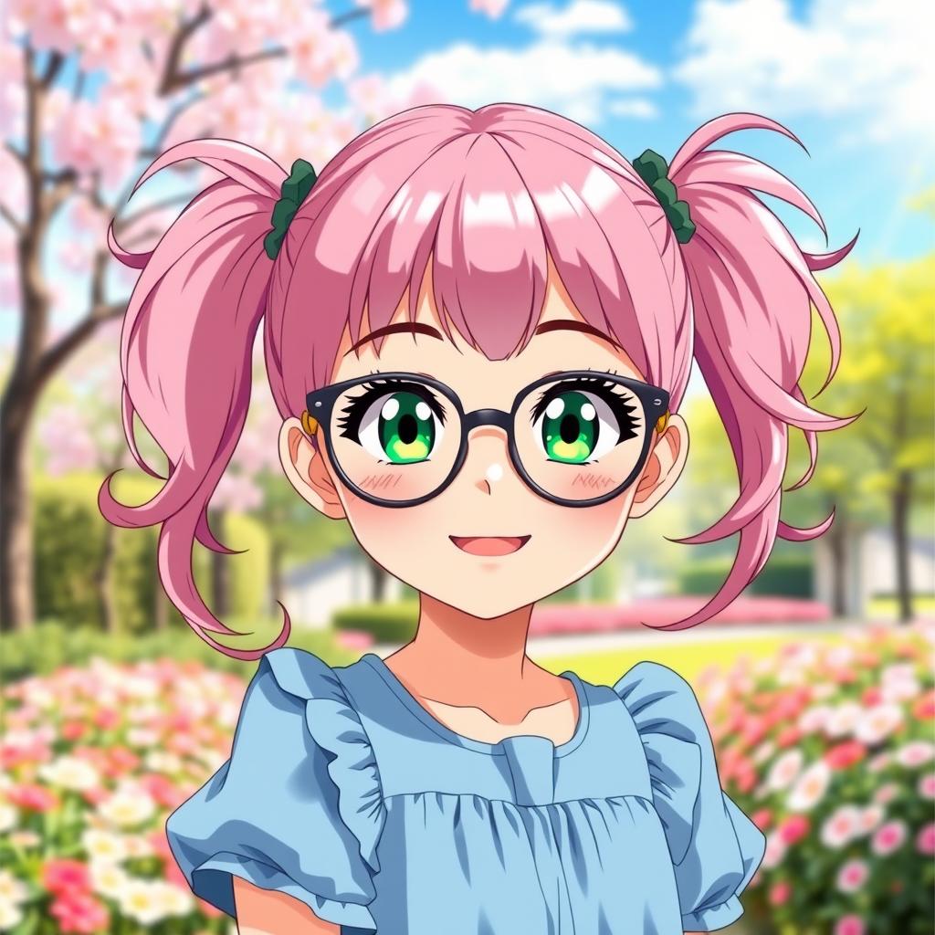 A cute anime girl, approximately 16 years old, with vibrant pink hair styled in adorable pigtails (chiquinhas), wearing fashionable glasses