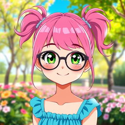 A cute anime girl, approximately 16 years old, with vibrant pink hair styled in adorable pigtails (chiquinhas), wearing fashionable glasses