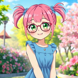 A cute anime girl, approximately 16 years old, with vibrant pink hair styled in adorable pigtails (chiquinhas), wearing fashionable glasses