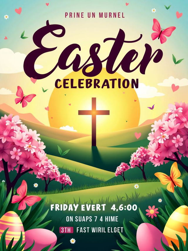 An eye-catching poster for a church Easter event, featuring vibrant spring colors like pastel pinks, yellows, and greens