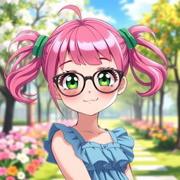 A cute anime girl, approximately 16 years old, with vibrant pink hair styled in adorable pigtails (chiquinhas), wearing fashionable glasses