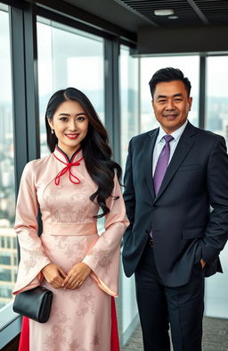 A stunning South Korean hostess showcasing elegance and charm, dressed in a sophisticated traditional hanbok with intricate embroidery, standing confidently in a modern corporate office