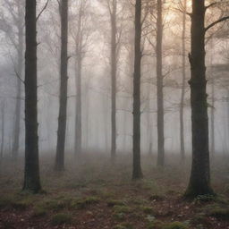 Design a captivating and atmospheric book cover featuring a misty forest at dawn. Natural elements like dew-dropped spiderwebs, a rising sun, and subtle animal shapes hidden in the mist add intrigue.