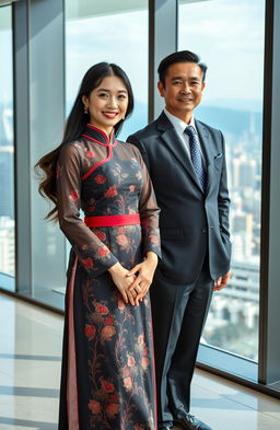 A stunning South Korean hostess showcasing elegance and charm, dressed in a sophisticated traditional hanbok with intricate embroidery, standing confidently in a modern corporate office