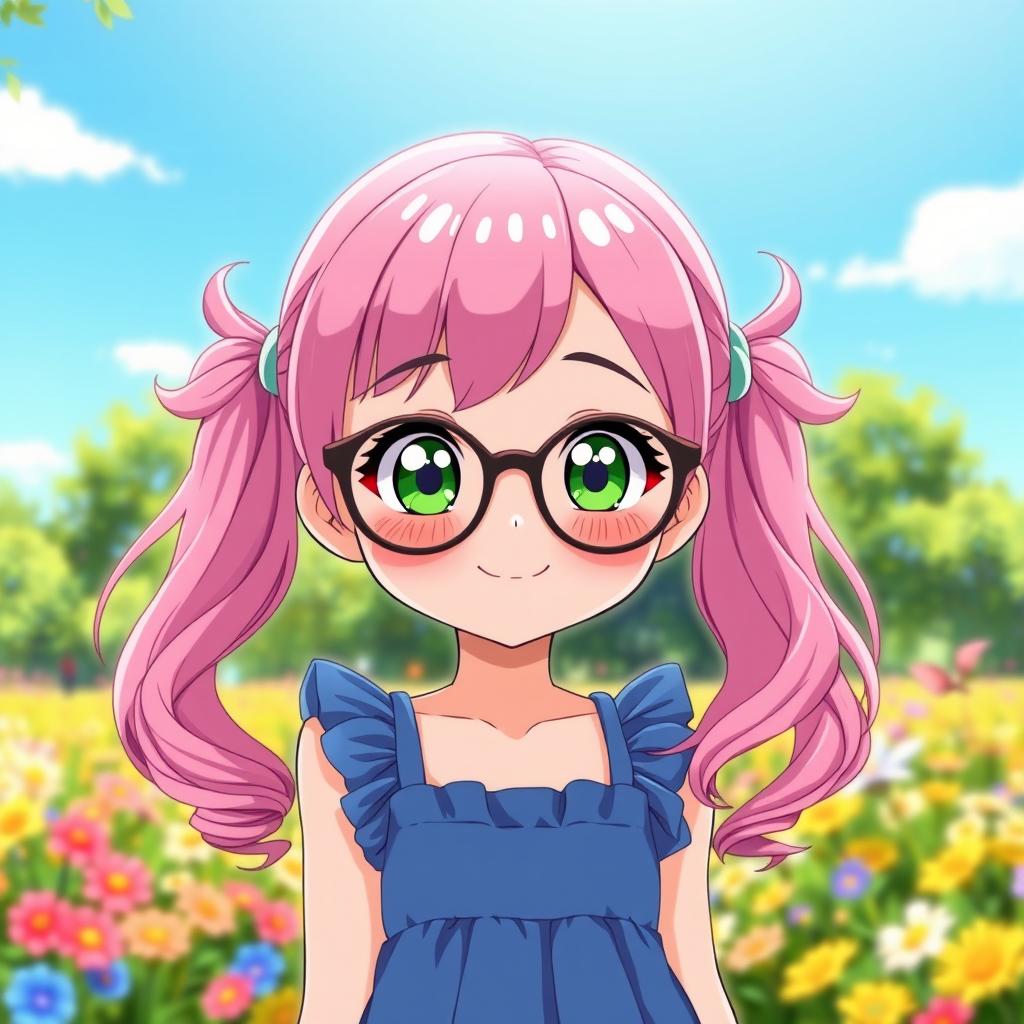 A cute anime girl with vibrant pink hair styled in adorable pigtails (chiquinhas), wearing fashionable glasses