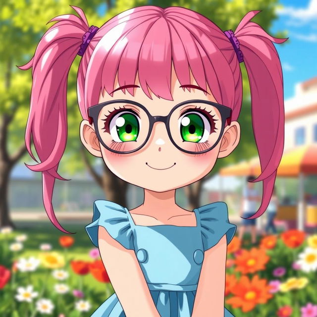 A cute anime girl with vibrant pink hair styled in adorable pigtails (chiquinhas), wearing fashionable glasses