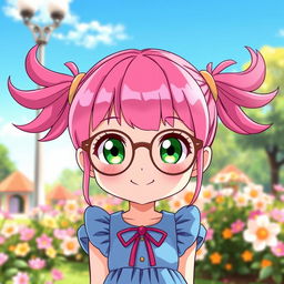 A cute anime girl with vibrant pink hair styled in adorable pigtails (chiquinhas), wearing fashionable glasses