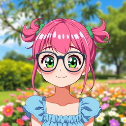 A cute anime girl with vibrant pink hair styled in adorable pigtails (chiquinhas), wearing fashionable glasses