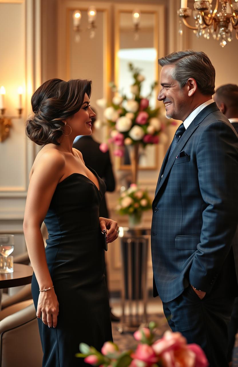 A sophisticated scene of a glamorous hostess and a confident CEO engaging in a conversation at an elegant networking event