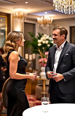 A sophisticated scene of a glamorous hostess and a confident CEO engaging in a conversation at an elegant networking event