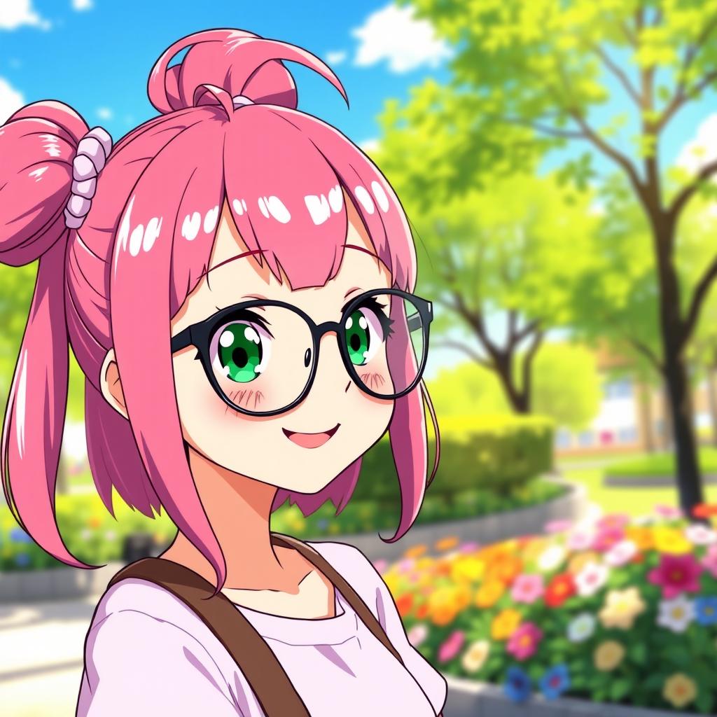 A cute anime girl with vibrant pink hair styled in adorable pigtails (ciquinhas), wearing stylish glasses