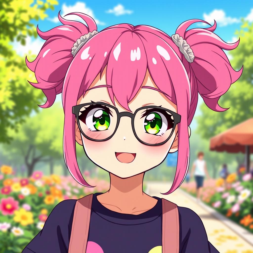 A cute anime girl with vibrant pink hair styled in adorable pigtails (ciquinhas), wearing stylish glasses