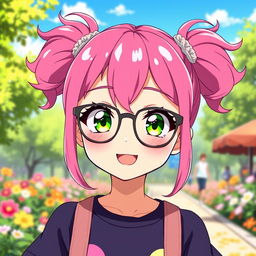 A cute anime girl with vibrant pink hair styled in adorable pigtails (ciquinhas), wearing stylish glasses