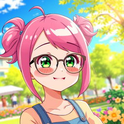 A cute anime girl with vibrant pink hair styled in adorable pigtails (ciquinhas), wearing stylish glasses