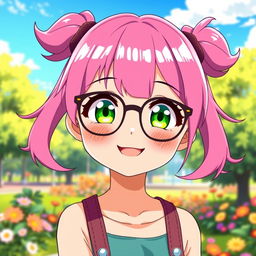 A cute anime girl with vibrant pink hair styled in adorable pigtails (ciquinhas), wearing stylish glasses