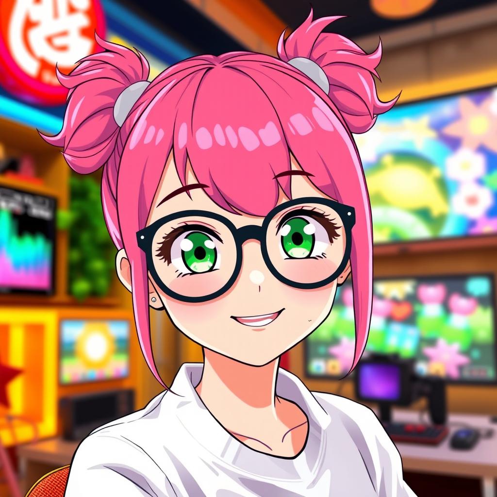 A cute anime girl with vibrant pink hair styled in adorable pigtails (ciquinhas), wearing stylish glasses