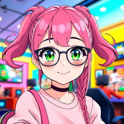 A cute anime girl with vibrant pink hair styled in adorable pigtails (ciquinhas), wearing stylish glasses