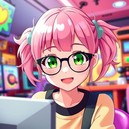 A cute anime girl with vibrant pink hair styled in adorable pigtails (ciquinhas), wearing stylish glasses