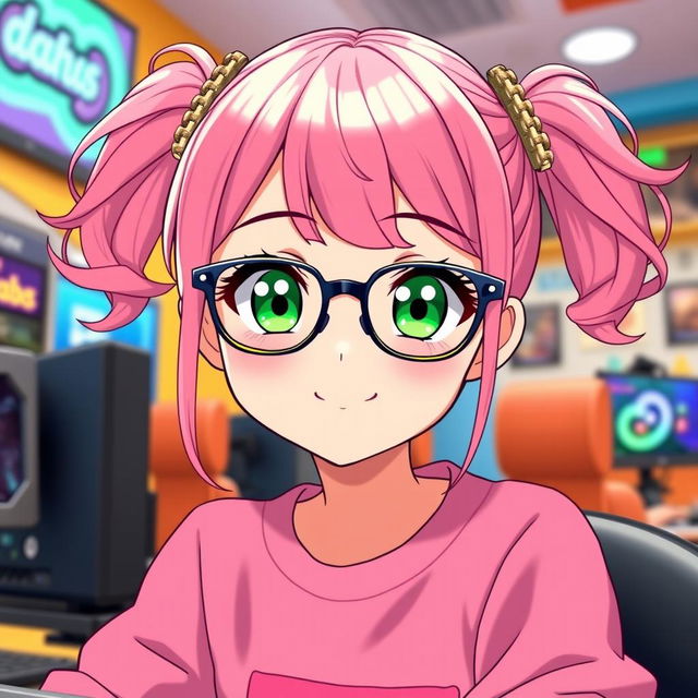 A cute anime girl with vibrant pink hair styled in adorable pigtails (ciquinhas), wearing stylish glasses