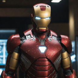 An exquisite Iron Man suit with intricate technological details, ultra-refined finishes, and made from advanced materials, shimmering under dramatic lighting, symbolizing its $1,000,000,000 value.