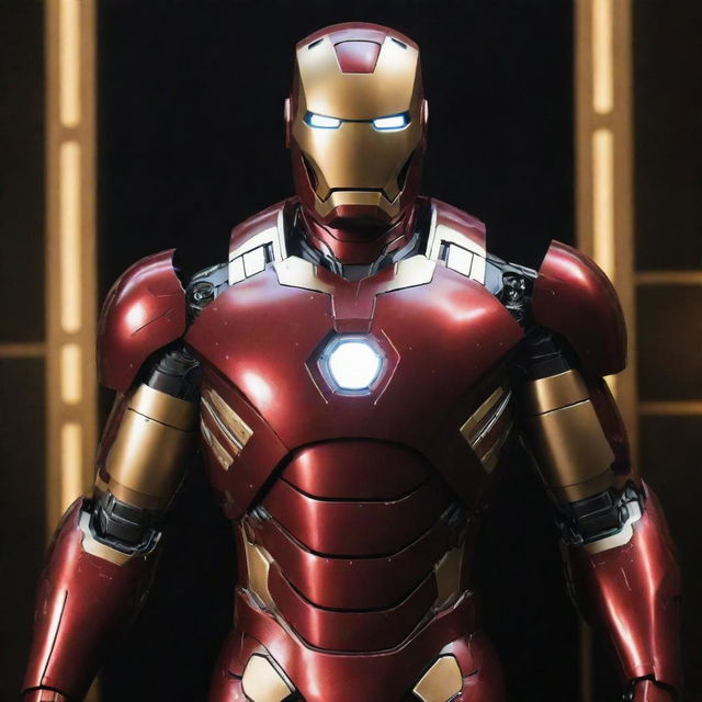 An exquisite Iron Man suit with intricate technological details, ultra-refined finishes, and made from advanced materials, shimmering under dramatic lighting, symbolizing its $1,000,000,000 value.