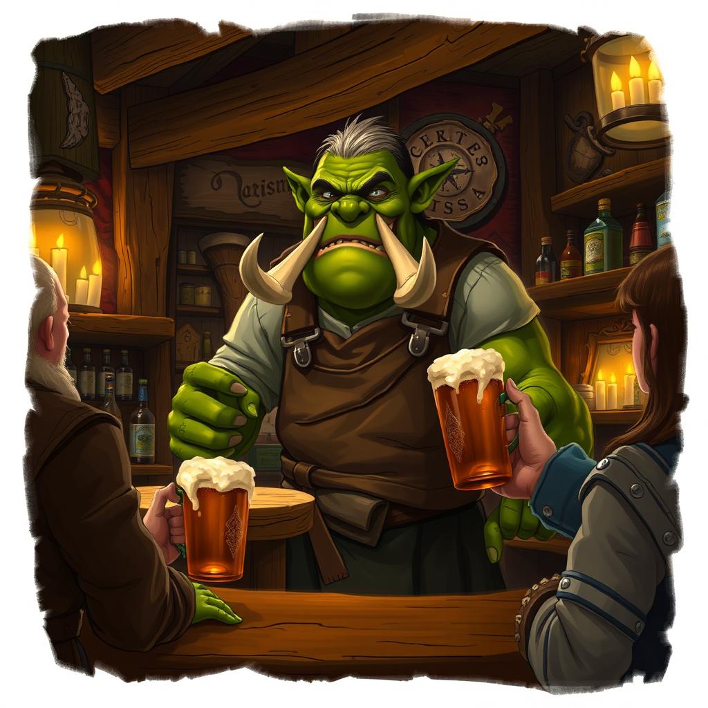 A realistic depiction of an orc bartender standing behind a rustic wooden bar in a cozy tavern