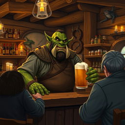 A realistic depiction of an orc bartender standing behind a rustic wooden bar in a cozy tavern