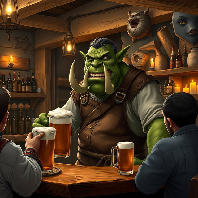 A realistic depiction of an orc bartender standing behind a rustic wooden bar in a cozy tavern