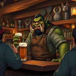 A realistic depiction of an orc bartender standing behind a rustic wooden bar in a cozy tavern