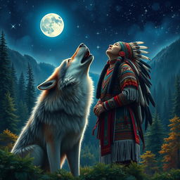 A majestic scene depicting a wolf and an indigenous person howling together under a starry night sky