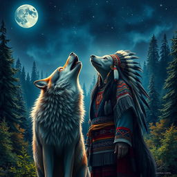 A majestic scene depicting a wolf and an indigenous person howling together under a starry night sky