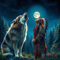 A majestic scene depicting a wolf and an indigenous person howling together under a starry night sky