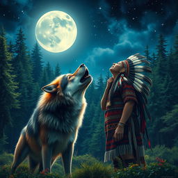 A majestic scene depicting a wolf and an indigenous person howling together under a starry night sky