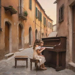 Illustrate a young girl and boy in Italy, sitting together in a picturesque alleyway, playing a weathered, ornate piano. The backdrop is a rustic scene of Italy with warm colors of sunset.