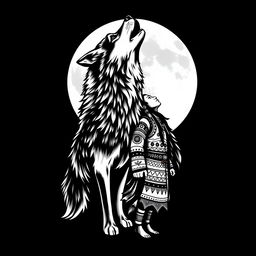 A striking black and white tattoo design featuring a wolf and an indigenous person howling together at the full moon