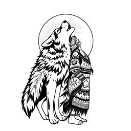 A striking black and white tattoo design featuring a wolf and an indigenous person howling together at the full moon