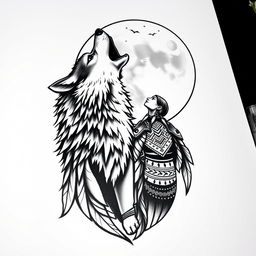 A striking black and white tattoo design featuring a wolf and an indigenous person howling together at the full moon