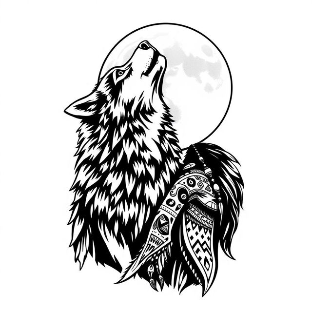 A striking black and white tattoo design featuring a wolf and an indigenous person howling together at the full moon