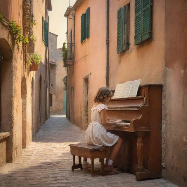 Illustrate a young girl and boy in Italy, sitting together in a picturesque alleyway, playing a weathered, ornate piano. The backdrop is a rustic scene of Italy with warm colors of sunset.