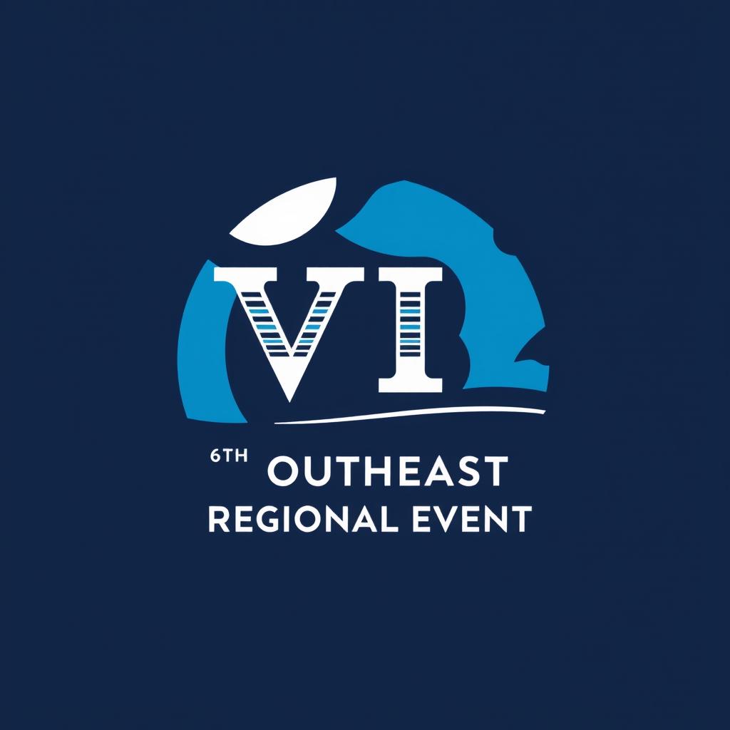 A logo design for the 6th Southeast Regional Event, featuring shades of blue, complemented by elements of white and black