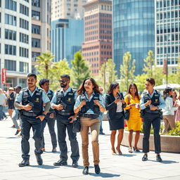 The power of private security in daily life, illustrated through a vibrant and dynamic city scene