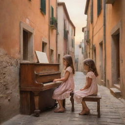 Illustrate a young girl and boy in Italy, sitting together in a picturesque alleyway, playing a weathered, ornate piano. The backdrop is a rustic scene of Italy with warm colors of sunset.