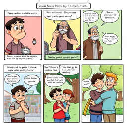 A comic strip illustration depicting a story about conflict resolution between two friends, Andrés and Pedro