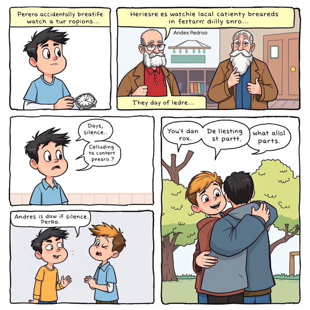 A comic strip illustration depicting a story about conflict resolution between two friends, Andrés and Pedro