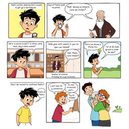 A comic strip illustration depicting a story about conflict resolution between two friends, Andrés and Pedro