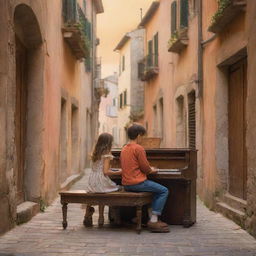 Illustrate a young girl and boy in Italy, sitting together in a picturesque alleyway, playing a weathered, ornate piano. The backdrop is a rustic scene of Italy with warm colors of sunset.