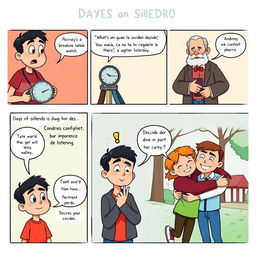 A comic strip illustration depicting a story about conflict resolution between two friends, Andrés and Pedro