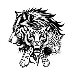 A striking black and white tattoo design featuring a powerful Lobo (wolf), a majestic Tigre (tiger), and a fierce Onça Pintada (jaguar)